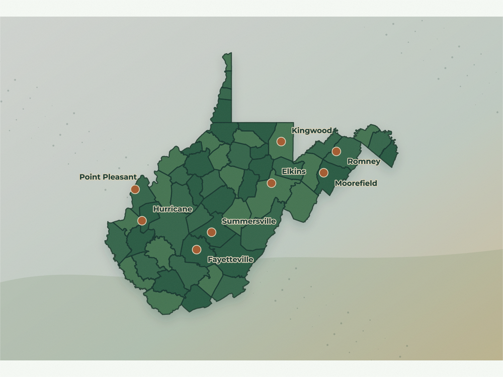 Accurate West Virginia land service area map showing Logan, Point Pleasant, Fayetteville, Hurricane, Summersville, Elkins, Kingwood, and Moorefield